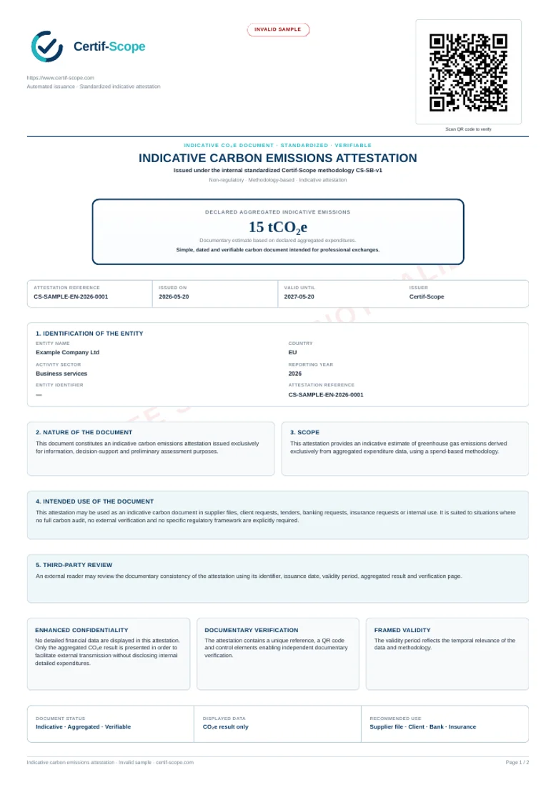First page of the English Certif-Scope sample attestation; demonstration document
