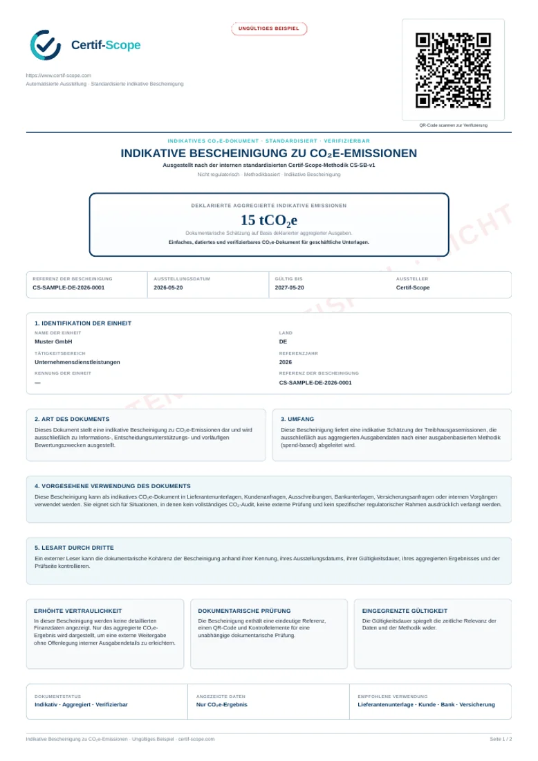 Erste Seite der deutschen Certif-Scope-Beispielbescheinigung; Demonstrationsdokument