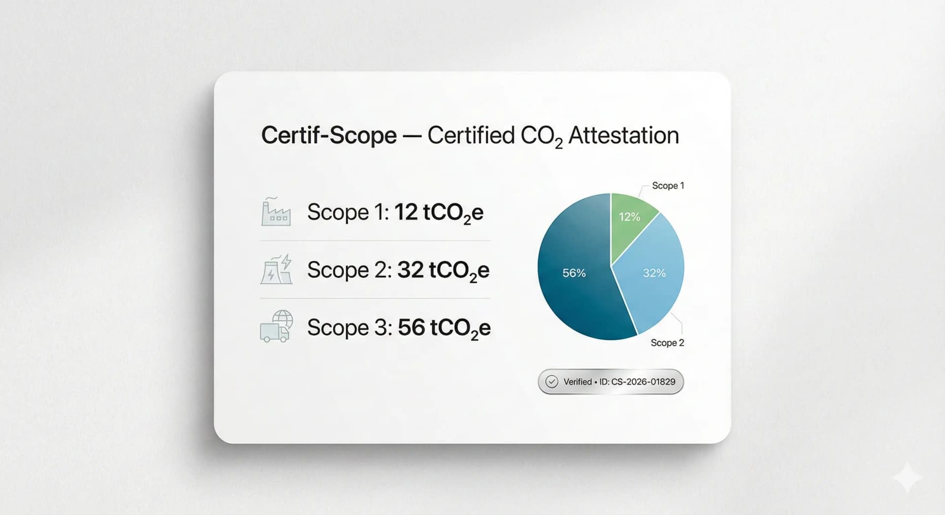 Preview of a standardized spend-based CO₂e attestation issued by Certif-Scope, including independent verification information.